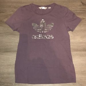 Adidas plum tee with silver metallic brand trefoil